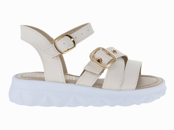 Sandalias blancas para niña con plataforma, correas ajustables y hebillas doradas.