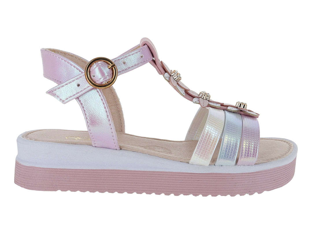 Sandalia para niña color rosa iridiscente con plataforma blanca y rosa y cierre de hebilla.
