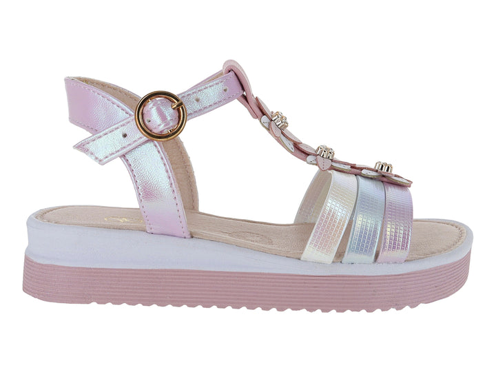 Sandalia para niña color rosa iridiscente con plataforma blanca y rosa y cierre de hebilla.