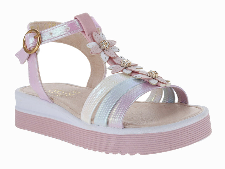 Sandalia para niña color rosa iridiscente con plataforma blanca y rosa y cierre de hebilla.