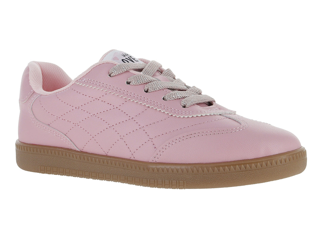 Tenis ATOK color rosa con suela café y diseño acolchado en el cuerpo.