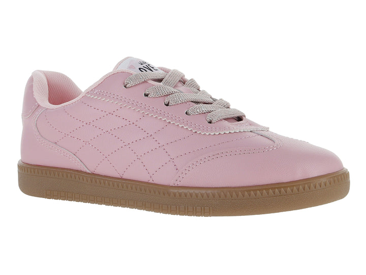 Tenis ATOK color rosa con suela café y diseño acolchado en el cuerpo.