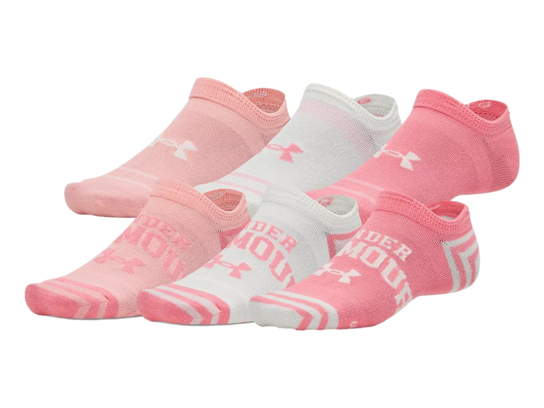 Paquete de 6 pares de calcetines Under Armour no show en colores blanco y tonos de rosa.