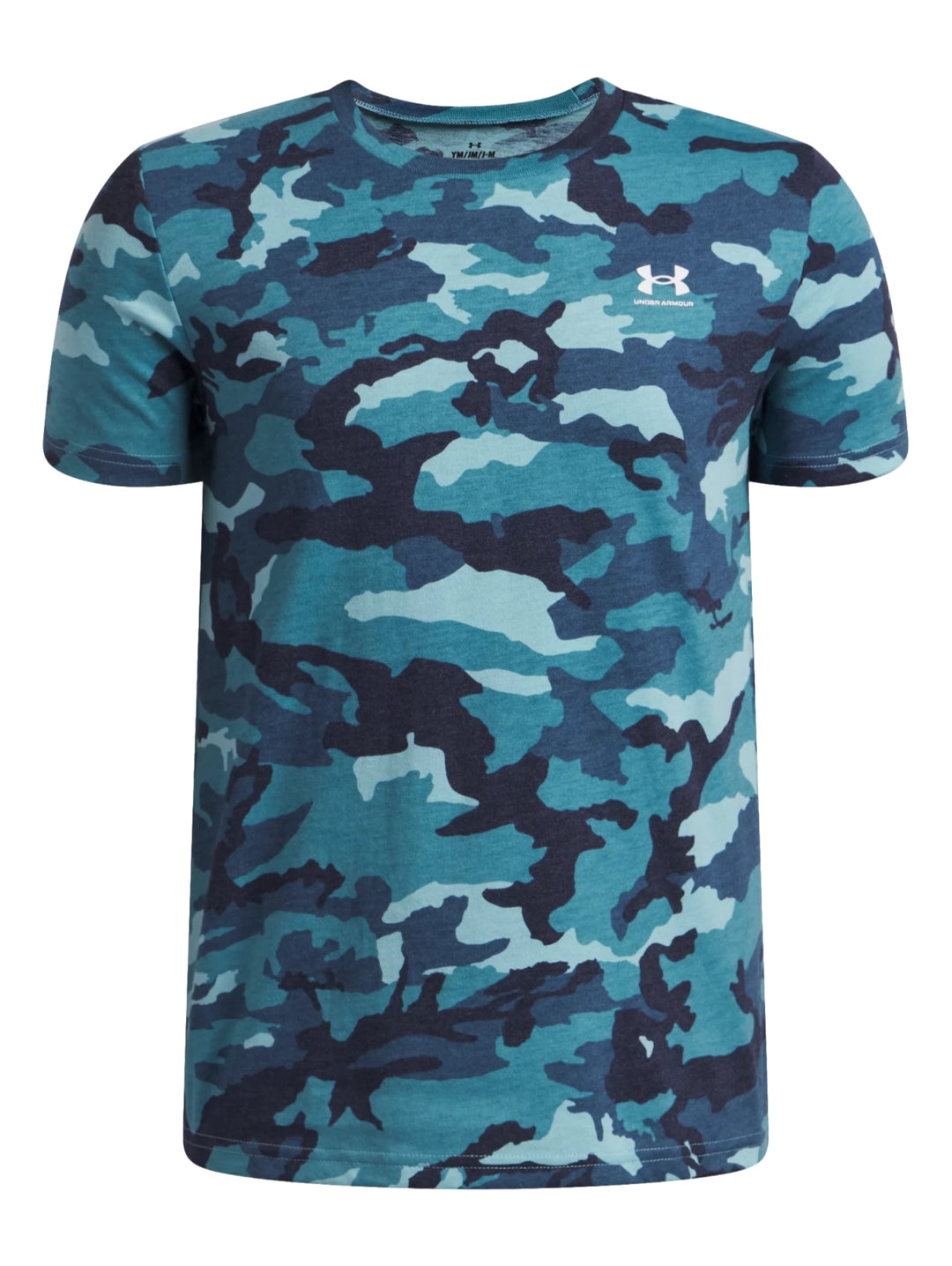 Camiseta deportiva Under Armour de manga corta con estampado de camuflaje en tonos azules.
