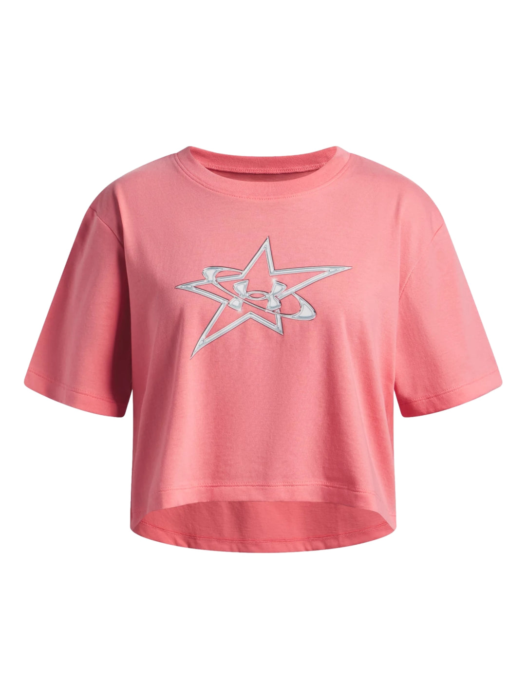 Camiseta corta rosa de manga corta con un logo de estrella plateado en el pecho.