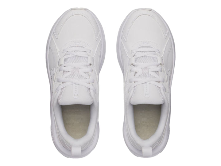 Tenis deportivos Under Armour color blanco para niño con suela robusta y cierre de cordones.