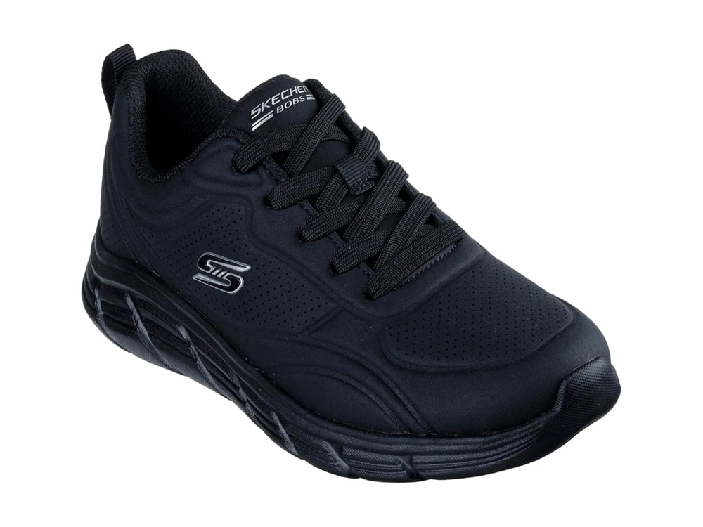 Tenis deportivos Skechers color negro con suela gruesa y cordones.