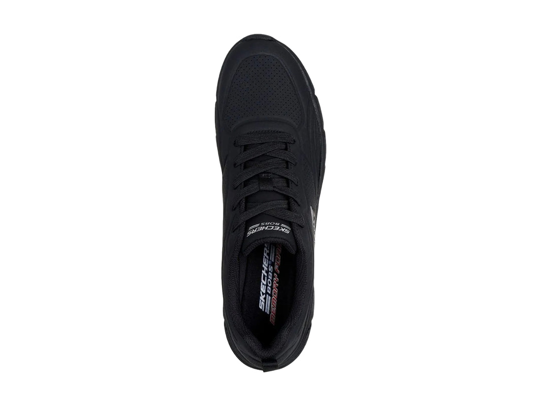 Tenis deportivos Skechers color negro con suela gruesa y cordones.