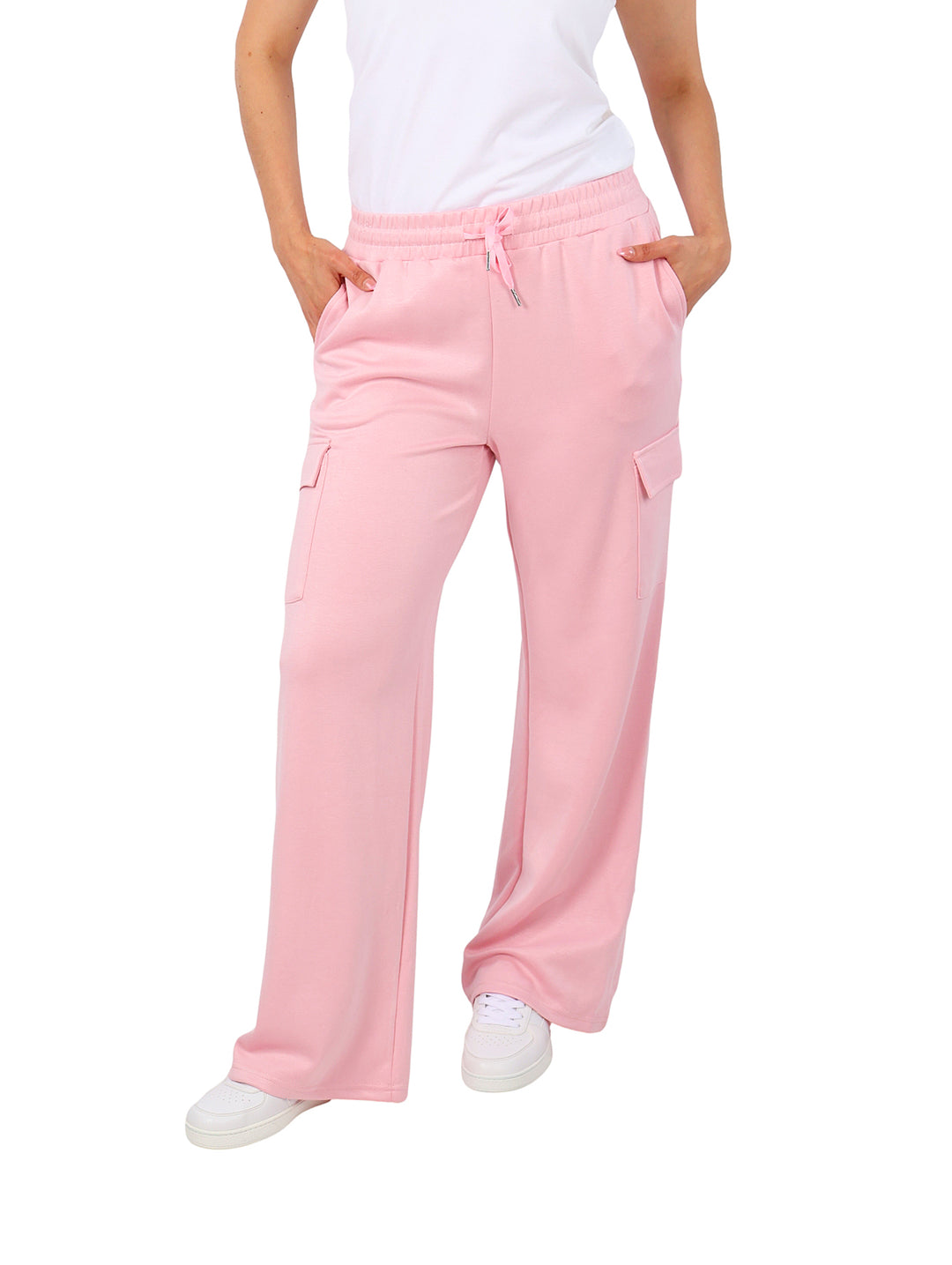 Pantalón rosa de pierna ancha para mujer con cintura elástica, jareta y bolsillos laterales.