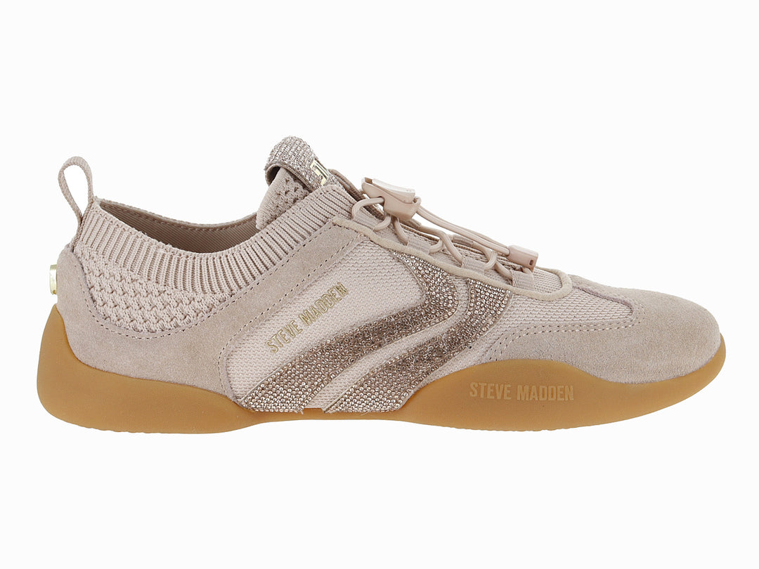 Tenis Steve Madden modelo Biscot Ti-R en color rose gold con detalles brillantes y suela de goma beige.