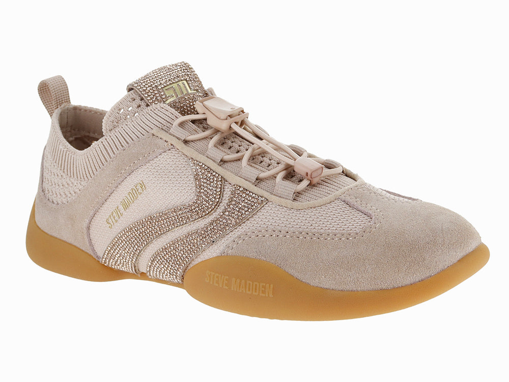 Tenis Steve Madden modelo Biscot Ti-R en color rose gold con detalles brillantes y suela de goma beige.