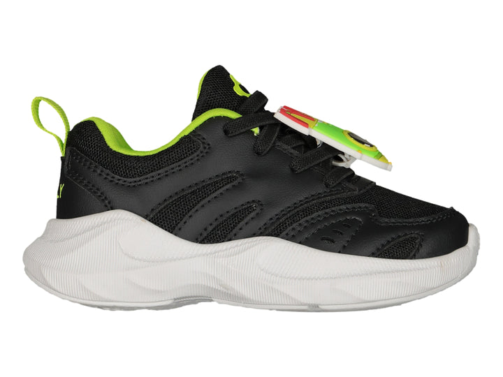 Tenis deportivos Charly color negro con detalles en verde neón y suela blanca gruesa.