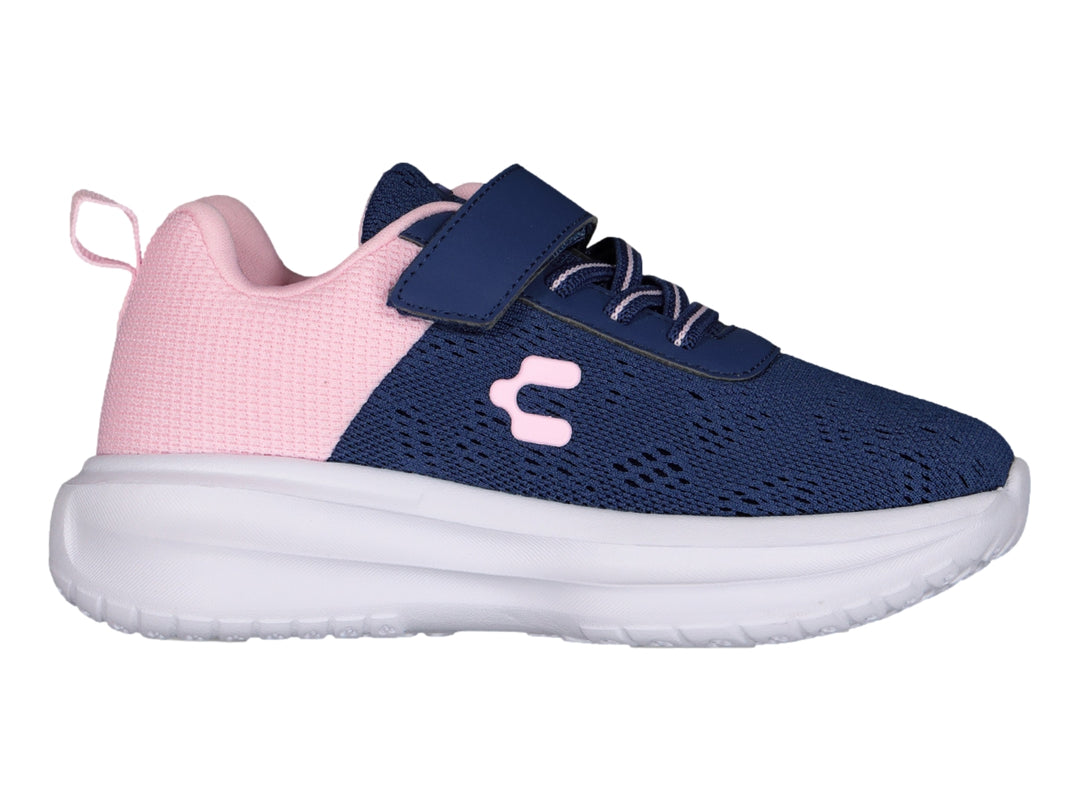 Tenis deportivos infantiles en colores azul y rosa con suela blanca y correa de velcro.