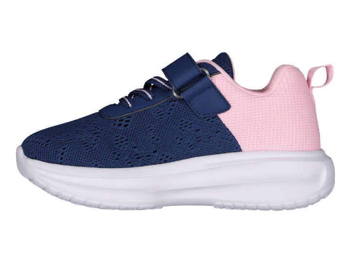 Tenis deportivos infantiles en colores azul y rosa con suela blanca y correa de velcro.