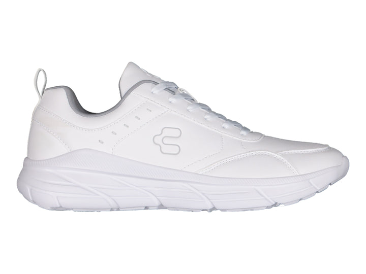 Tenis deportivos Charly color blanco con suela robusta y cordones, vista lateral sobre fondo blanco.