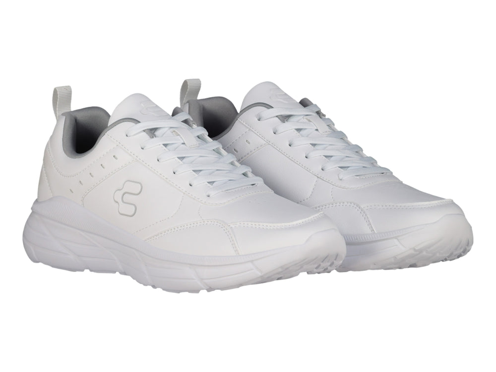 Tenis deportivos Charly color blanco con suela robusta y cordones, vista lateral sobre fondo blanco.