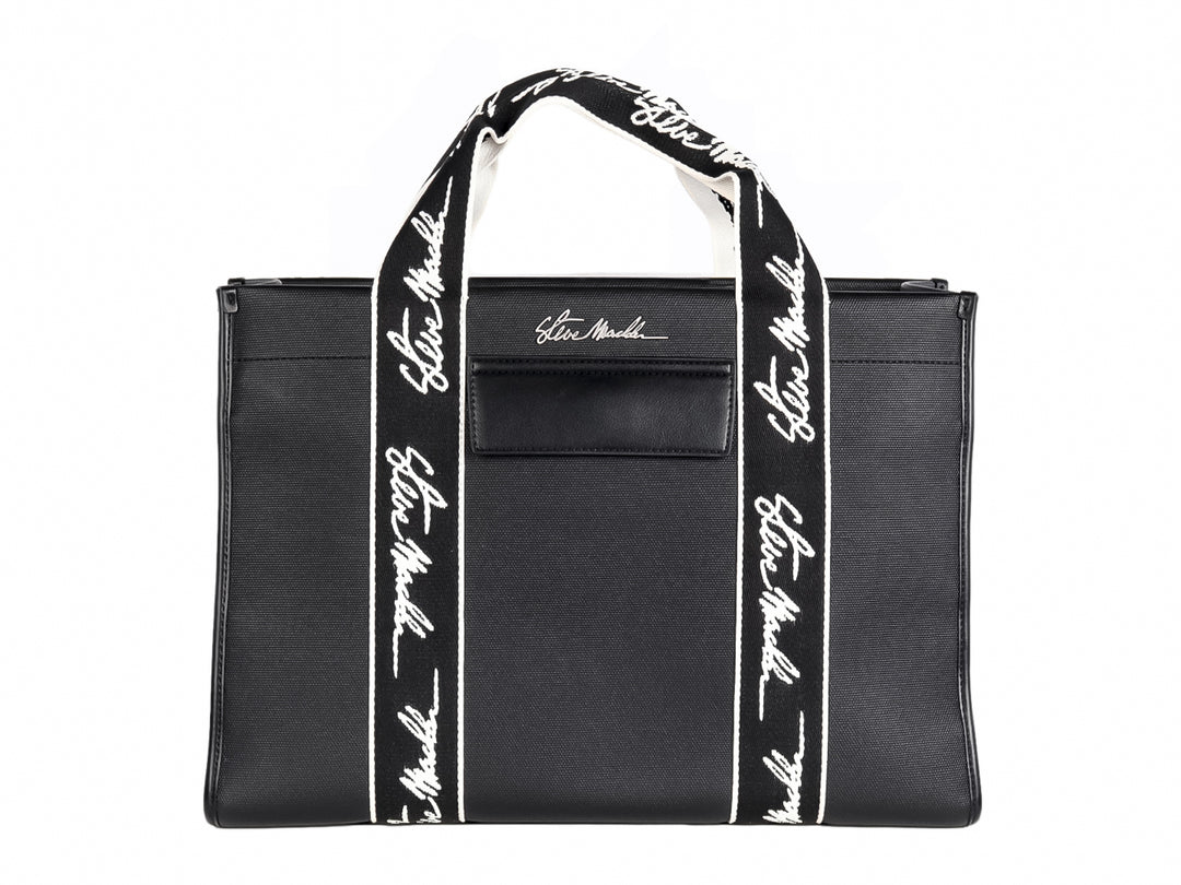 Bolso tote negro Steve Madden con bandas verticales blancas y asas largas coordinadas.