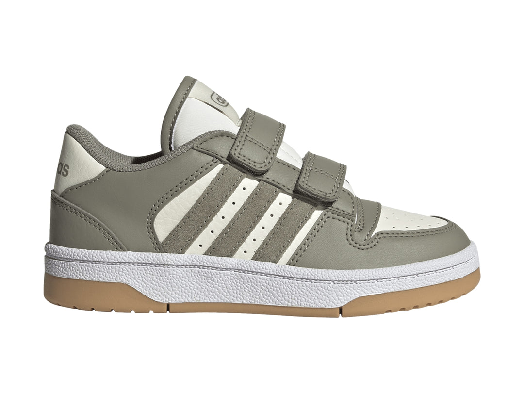 Tenis Adidas Break Start para niño en color gris con franjas blancas y cierre de velcro.