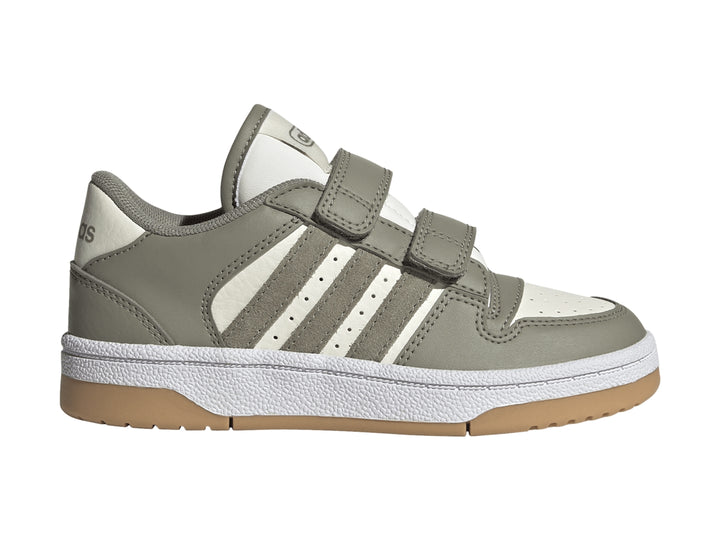 Tenis Adidas Break Start para niño en color gris con franjas blancas y cierre de velcro.