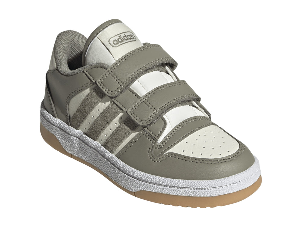 Tenis Adidas Break Start para niño en color gris con franjas blancas y cierre de velcro.