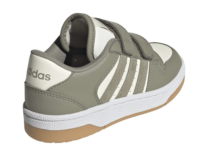 Tenis Adidas Break Start para niño en color gris con franjas blancas y cierre de velcro.