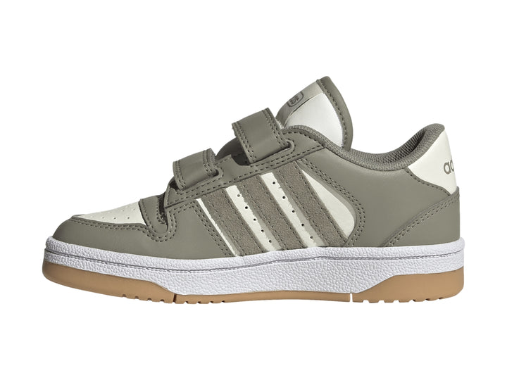 Tenis Adidas Break Start para niño en color gris con franjas blancas y cierre de velcro.