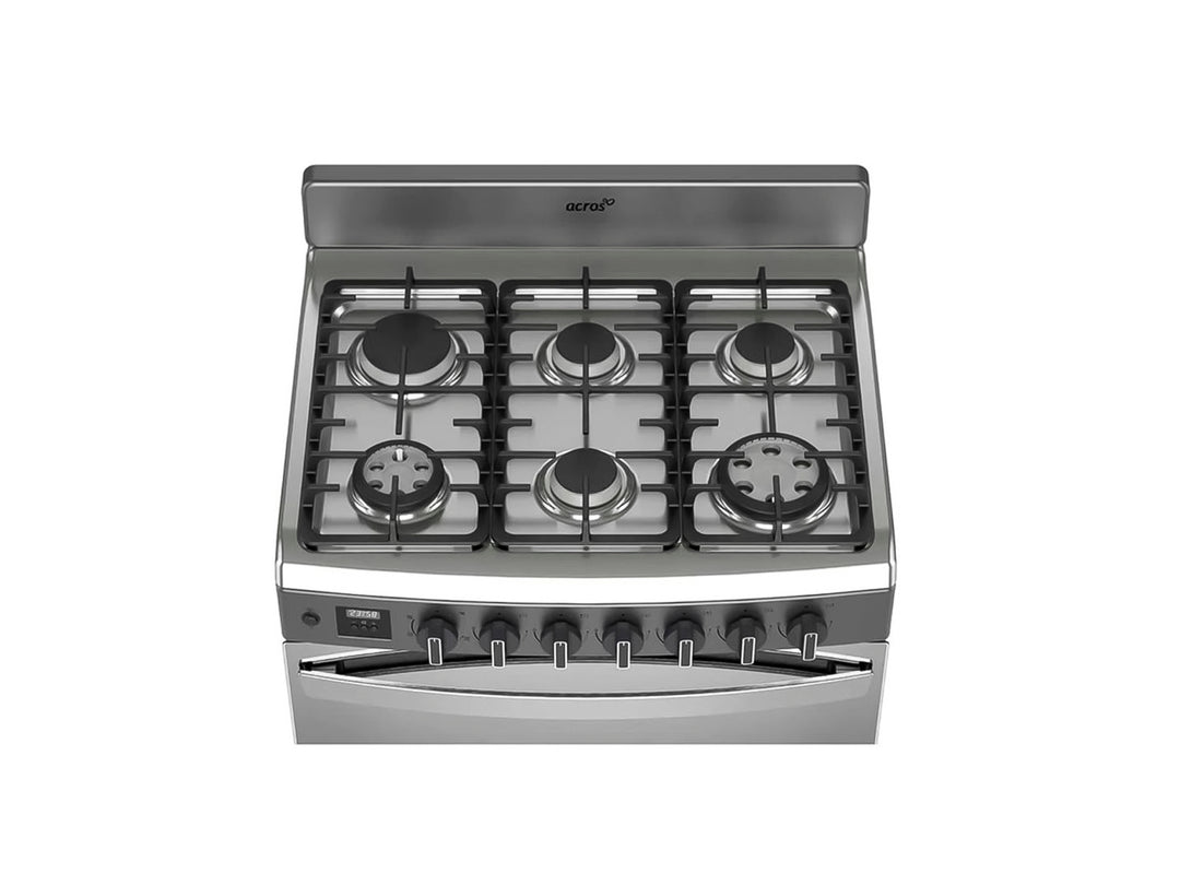 Estufa Acros de 6 quemadores color plata con horno y acabado metálico brillante.