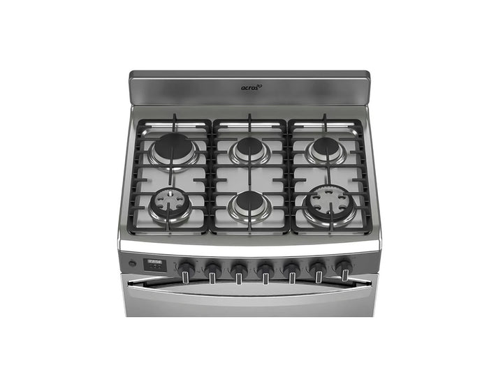 Estufa Acros de 6 quemadores color plata con horno y acabado metálico brillante.