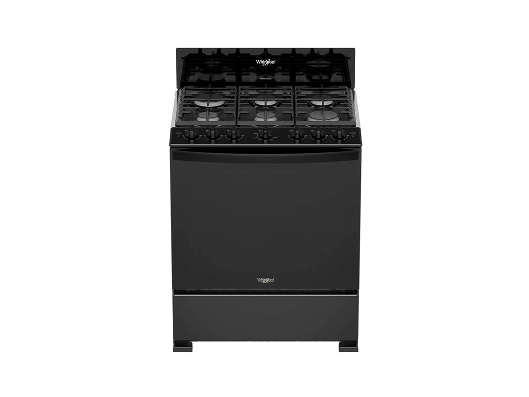 Estufa Whirlpool de 6 quemadores en color negro con horno integrado.