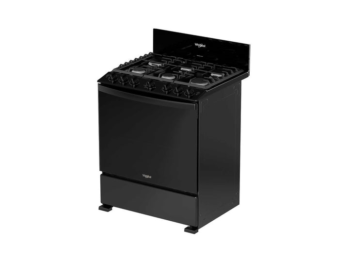 Estufa Whirlpool de 6 quemadores en color negro con horno integrado.