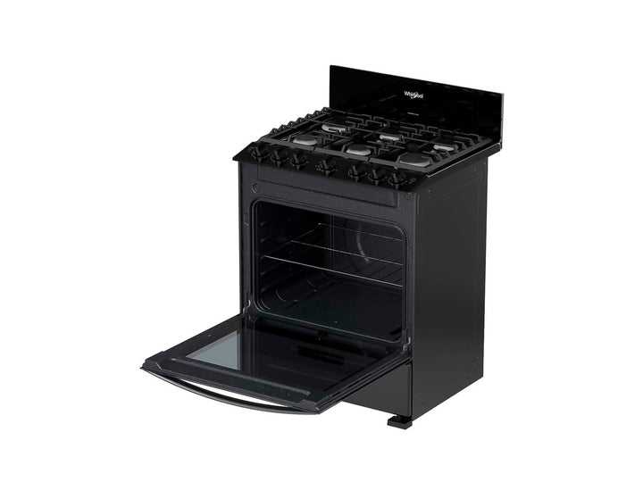 Estufa Whirlpool de 6 quemadores en color negro con horno integrado.