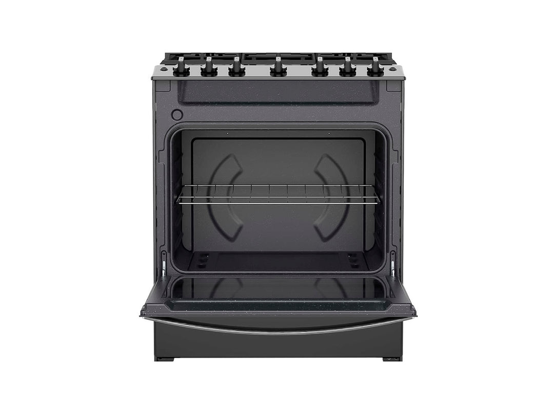 Estufa Whirlpool de 6 quemadores en color negro con horno integrado.