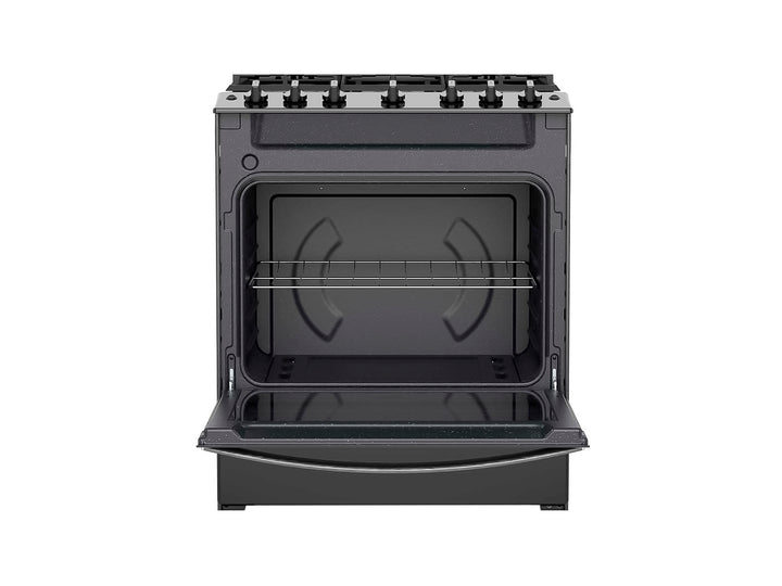 Estufa Whirlpool de 6 quemadores en color negro con horno integrado.