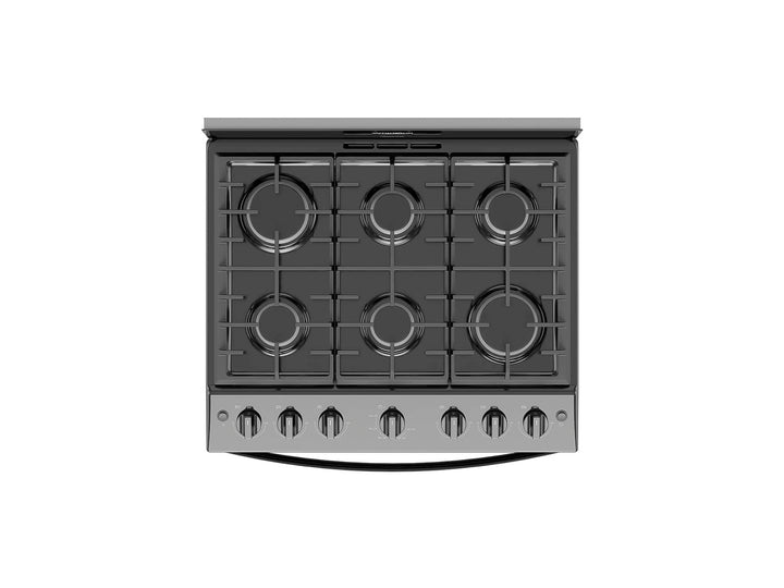 Estufa Whirlpool de 6 quemadores en color negro con horno integrado.