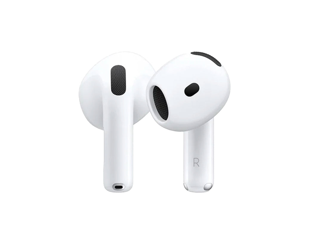 Par de auriculares inalámbricos Apple AirPods de color blanco sobre fondo blanco.
