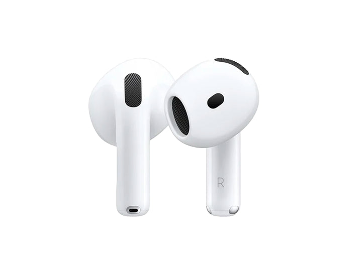 Par de auriculares inalámbricos Apple AirPods de color blanco sobre fondo blanco.