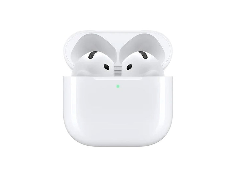 Par de auriculares inalámbricos Apple AirPods de color blanco sobre fondo blanco.