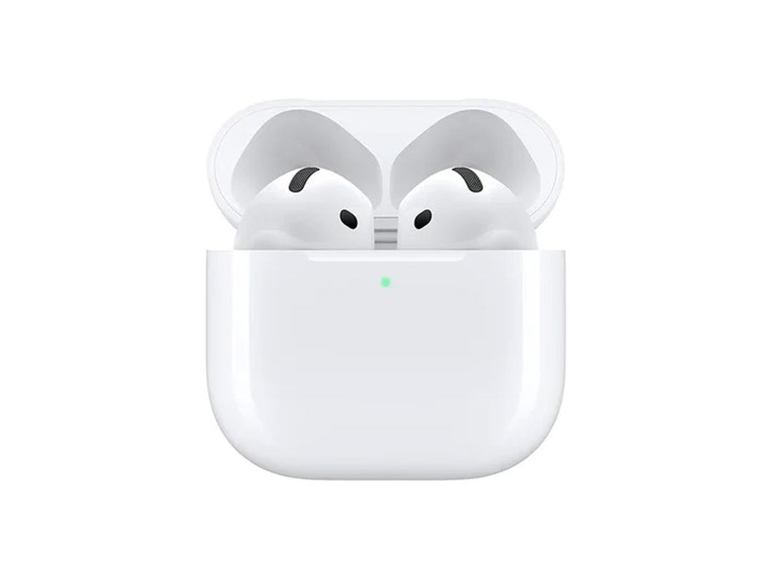 Par de auriculares inalámbricos Apple AirPods de color blanco sobre fondo blanco.