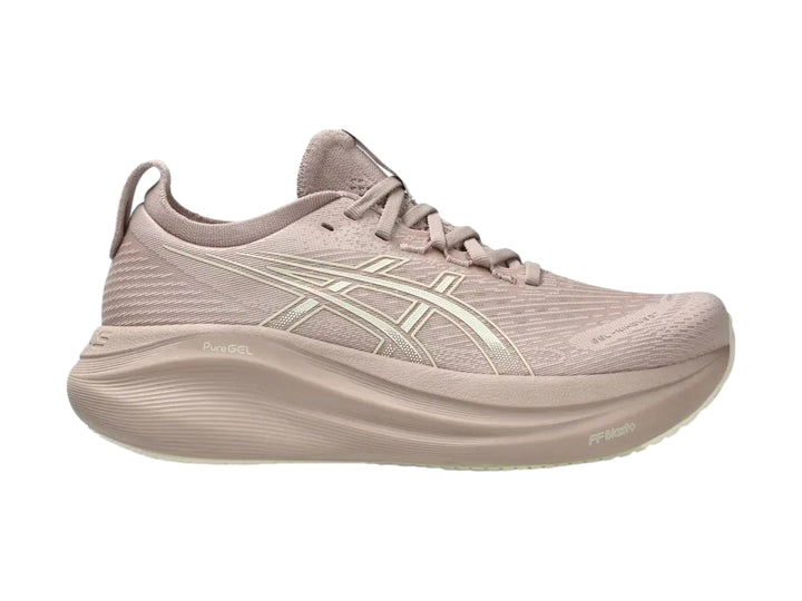Tenis deportivos ASICS GEL-NIMBUS 27 para mujer en color morado claro con suela amortiguada.
