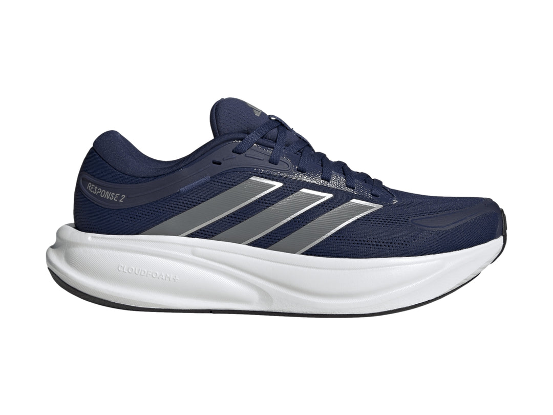 Tenis deportivos Adidas Response 2 en color azul marino con suela blanca y franjas grises laterales.