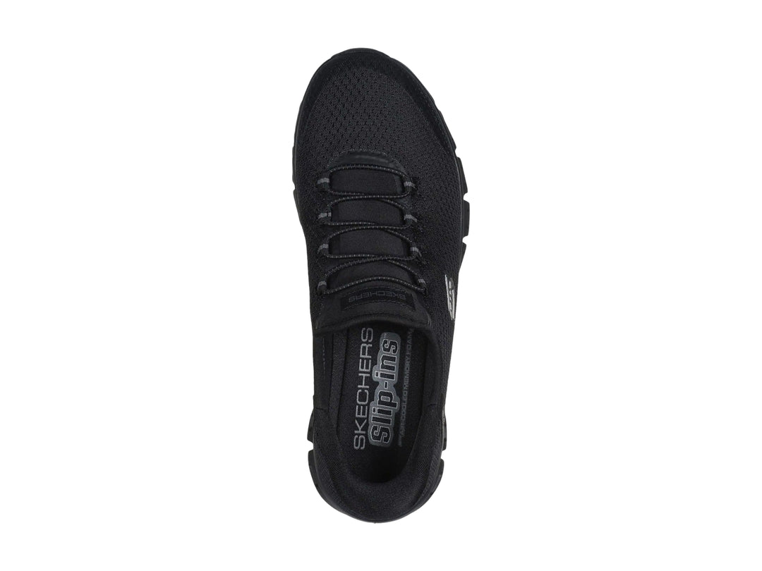 Tenis deportivos Skechers color negro con suela Glide-Step y tejido transpirable.