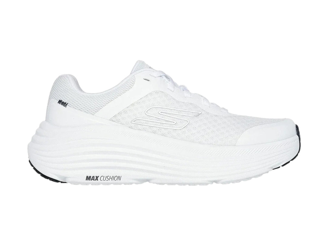 Tenis deportivos Skechers color blanco con suela Max Cushion y malla transpirable.