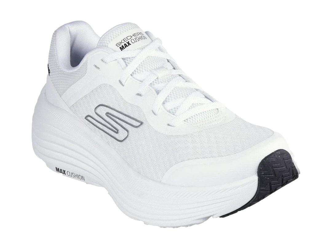 Tenis deportivos Skechers color blanco con suela Max Cushion y malla transpirable.