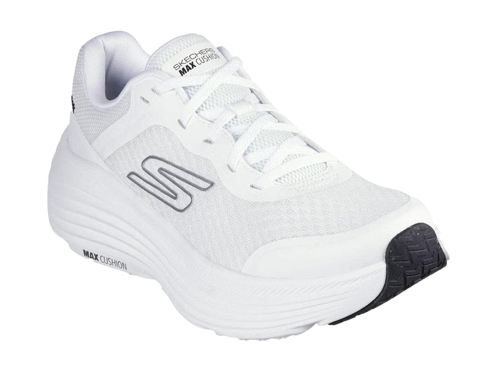 Tenis deportivos Skechers color blanco con suela Max Cushion y malla transpirable.