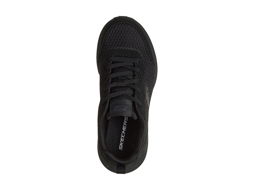 Tenis deportivos Skechers para niño en color negro con malla transpirable y suela gruesa.