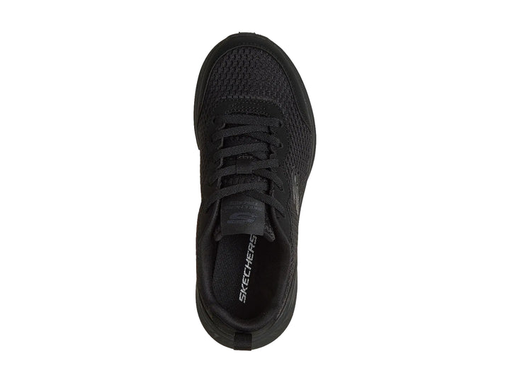 Tenis deportivos Skechers para niño en color negro con malla transpirable y suela gruesa.