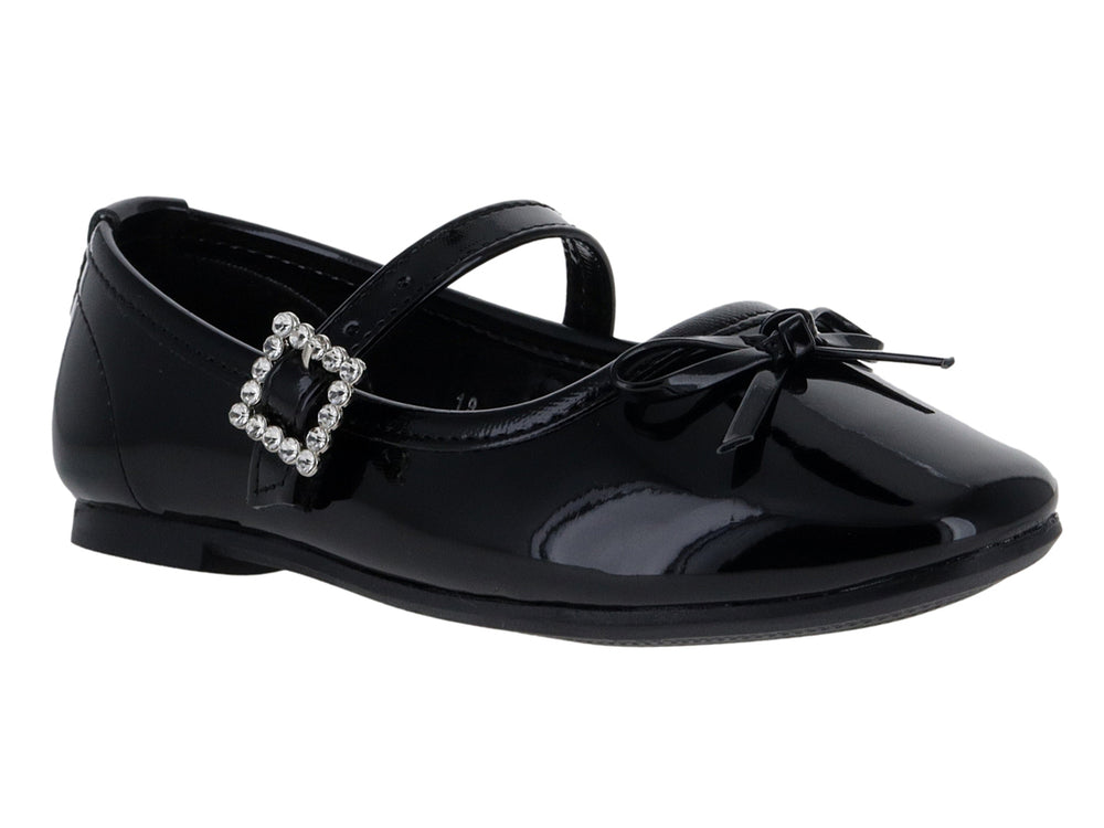 Zapato plano de charol negro para Niña con correa, hebilla brillante y moño decorativo.