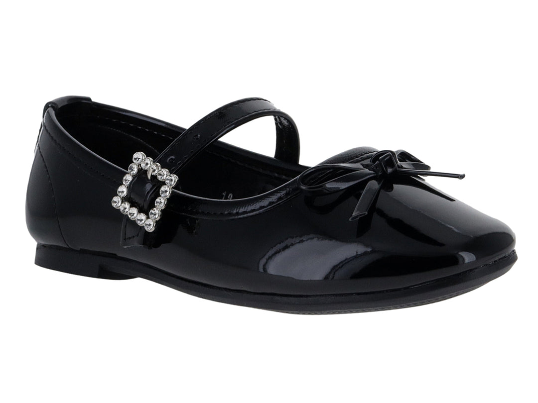 Zapato plano de charol negro para Niña con correa, hebilla brillante y moño decorativo.