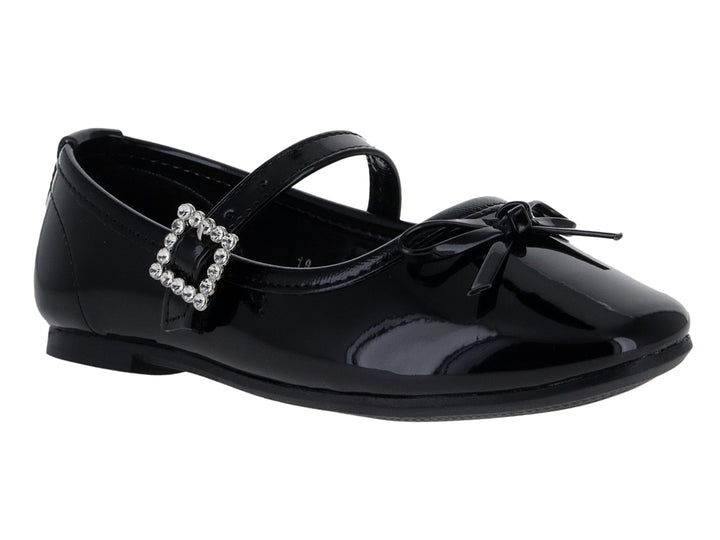 Zapato plano de charol negro para Niña con correa, hebilla brillante y moño decorativo.