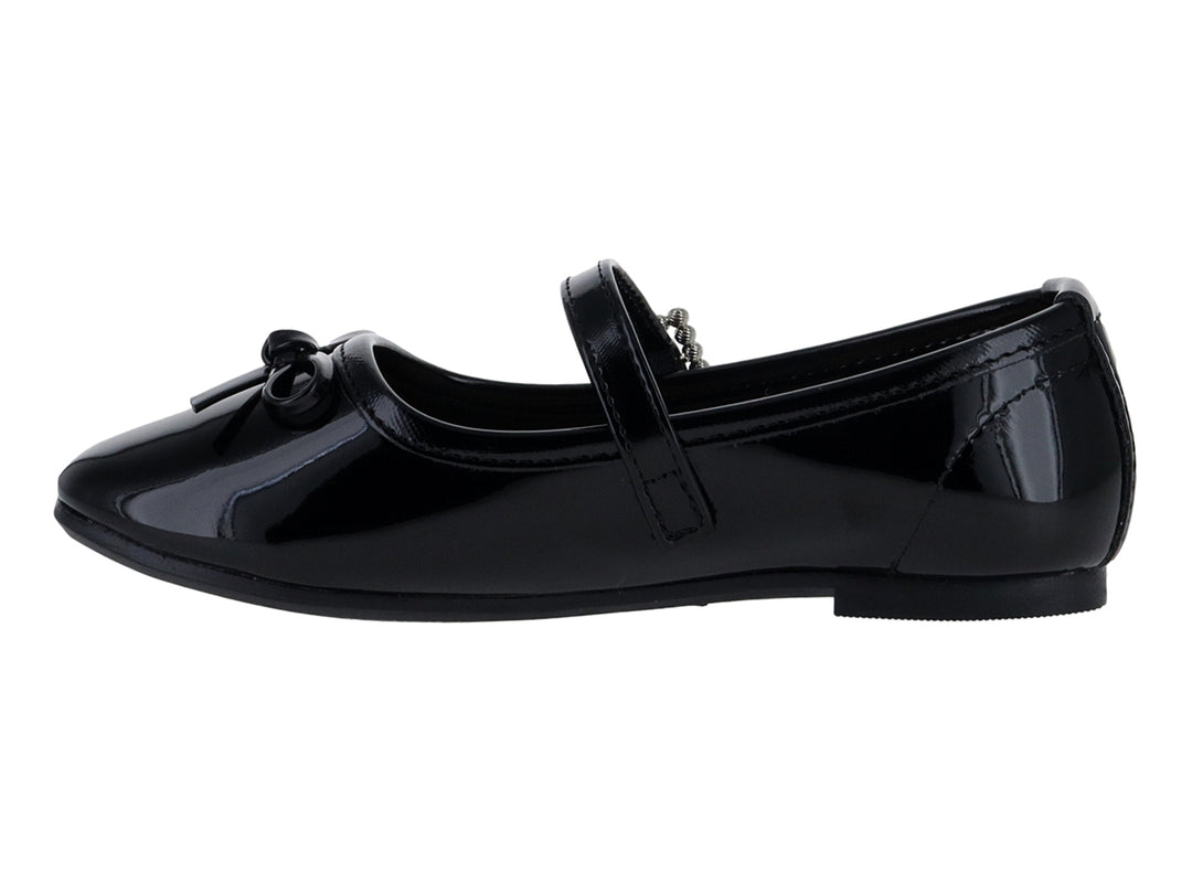 Zapato plano de charol negro para Niña con correa, hebilla brillante y moño decorativo.